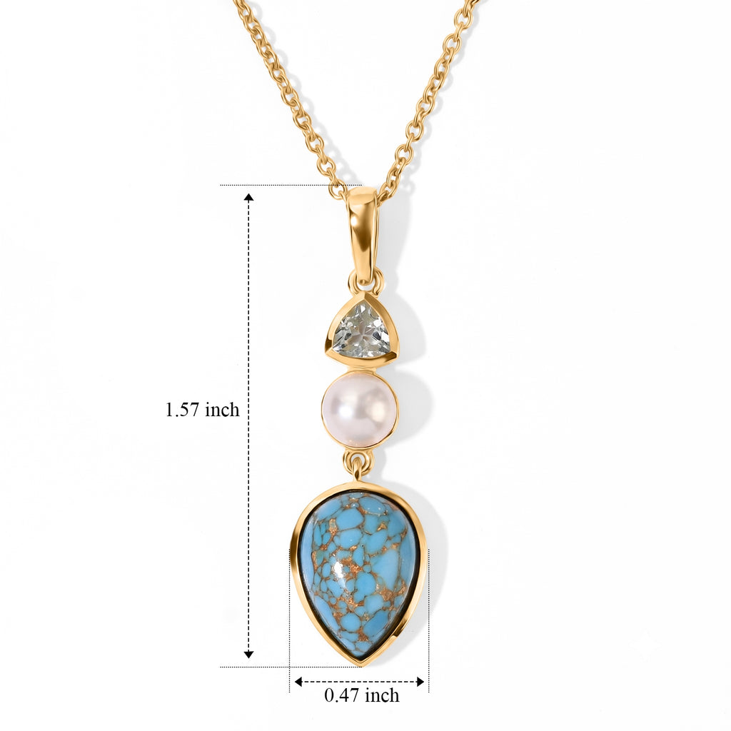 Blue Turquoise,  Fresh Water Pearl,  Skyblue Topaz Pendant with Chain (Size 20) Stainless Steel  1.40ct  7.400  Ct._4504767_4