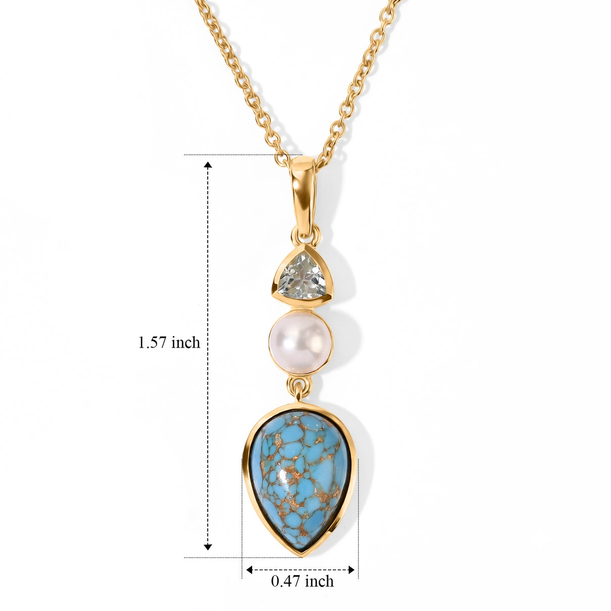 EverTrue - Blue Turquoise, Fresh Water Pearl &amp; Skyblue Topaz Trilogy Drop Pendant with Chain (Size 20) in Yellow Gold Tone 7.00 Ct. 4504767 5