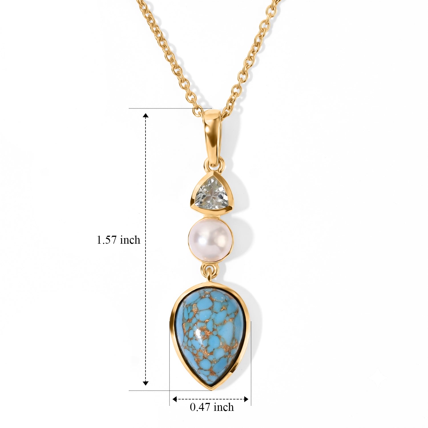 EverTrue - Blue Turquoise, Fresh Water Pearl &amp; Skyblue Topaz Trilogy Drop Pendant with Chain (Size 20) in Yellow Gold Tone 7.00 Ct. 4504767 5