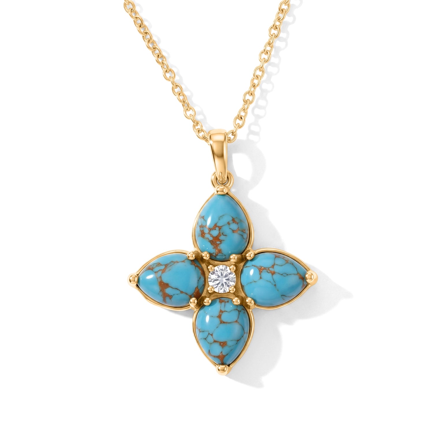 EverTrue - Blue Turquoise &amp; White Topaz Floral Pendant with Chain (Size 20) in Yellow Gold Tone 6.80 Ct. 4504769 0