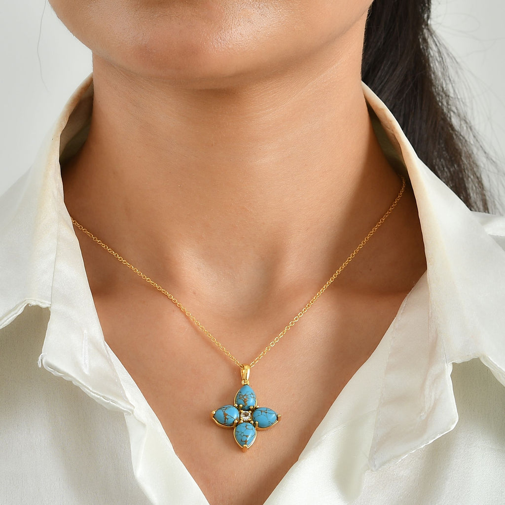 Blue Turquoise,  White Topaz Pendant with Chain (Size 20) Stainless Steel  0.18ct  8.180  Ct._4504769_1