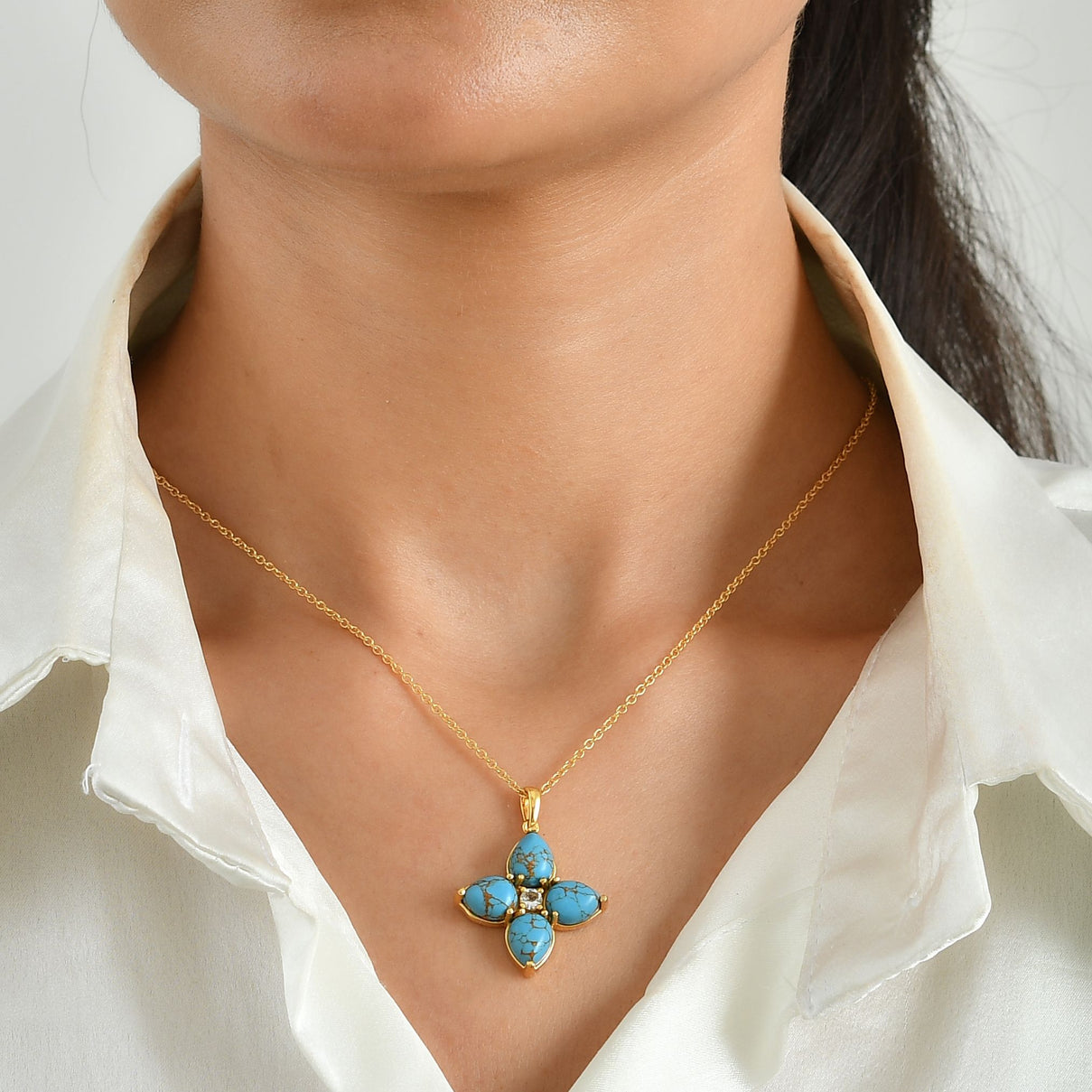 EverTrue - Blue Turquoise &amp; White Topaz Floral Pendant with Chain (Size 20) in Yellow Gold Tone 6.80 Ct. 4504769 2