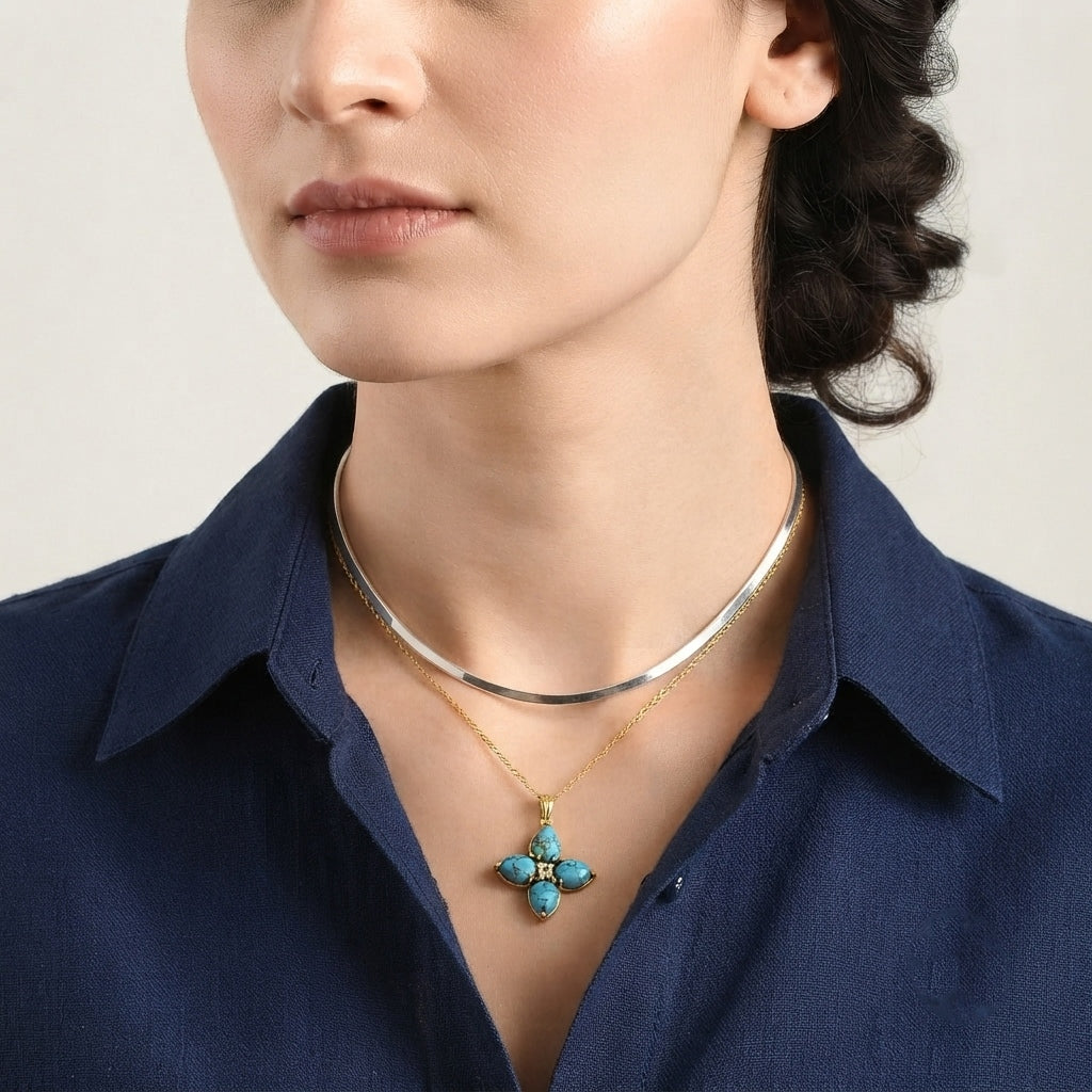EverTrue - Blue Turquoise &amp; White Topaz Floral Pendant with Chain (Size 20) in Yellow Gold Tone 6.80 Ct. 4504769 3