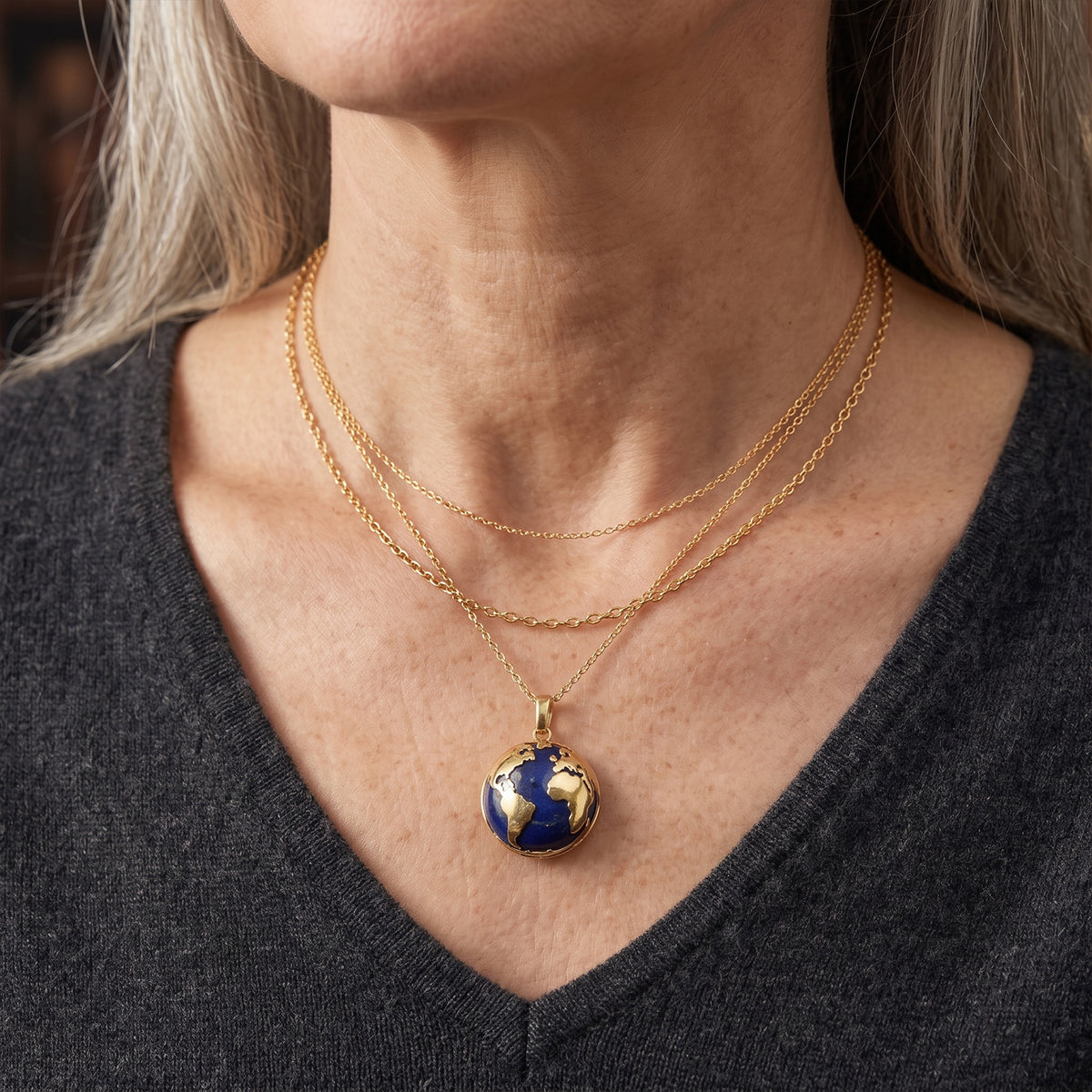 EverTrue - Lapis Lazuli Globe Pendant with Chain (Size 20) in Yellow Gold Tone 10.80 Ct. V32564450 3