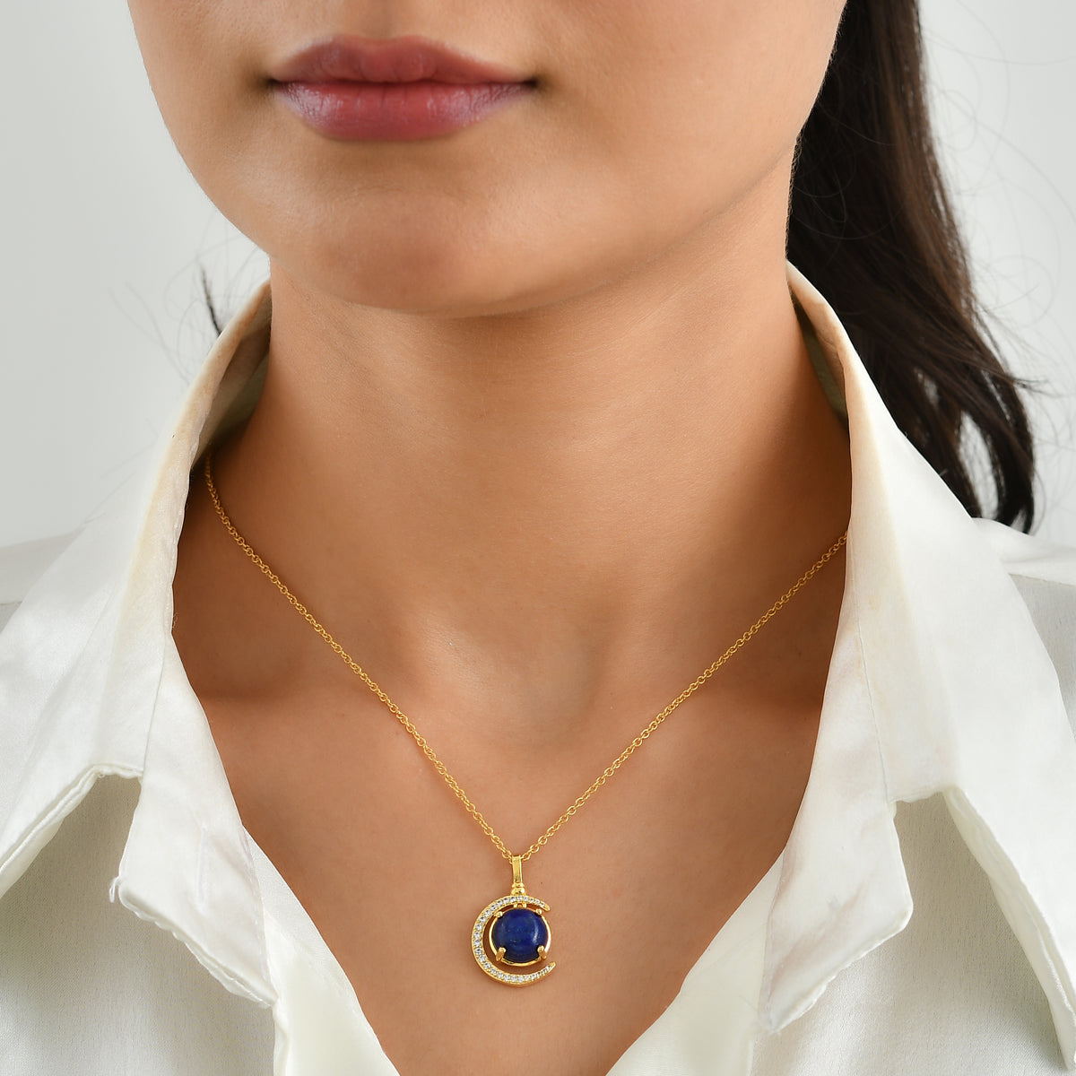 EverTrue - Lapis Lazuli &amp; White Zircon Pendant with Chain (Size 20) in Yellow Gold Tone 5.04 Ct. V32562991 2