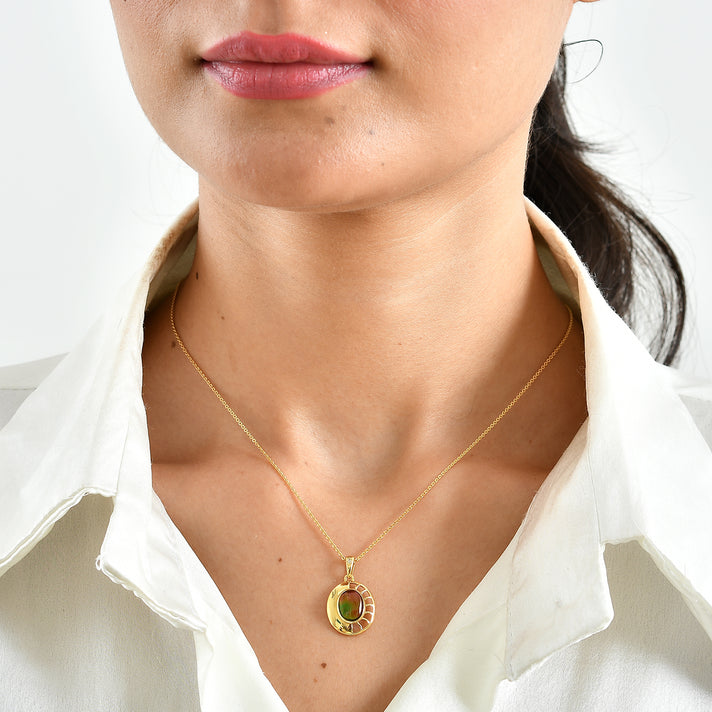 D'Joy - Ammolite &amp; White Zircon Pendant with Chain (Size 20) in 18K Vermeil Yellow Gold Plated Sterling Silver 1.70 Ct. 4504801 2