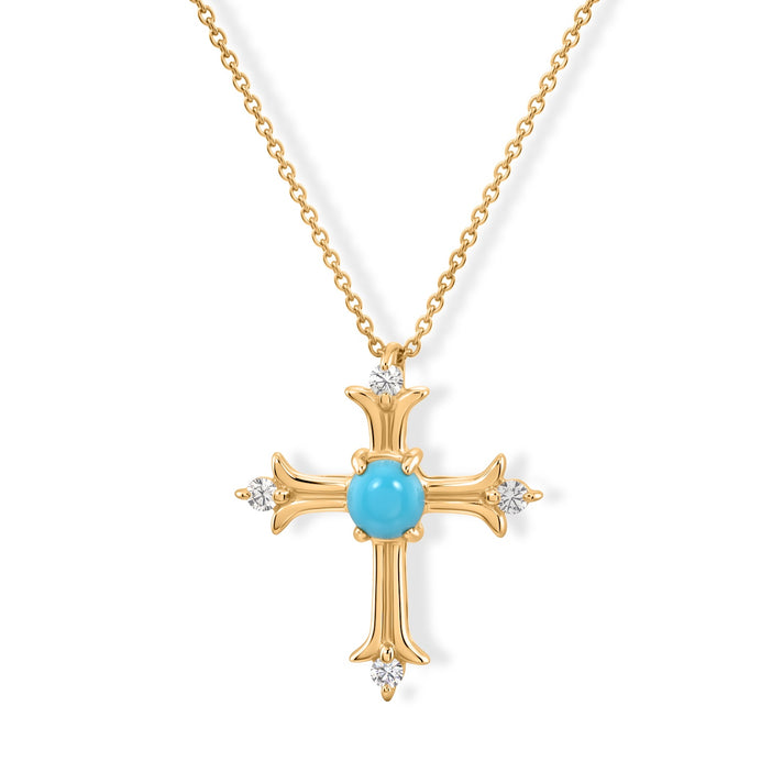 D'Joy - Natural Sleeping Beauty Turquoise &amp; White Zircon Cross Pendant in Yellow Gold Plated Sterling Silver with Chain (Size 20) 4505034 1