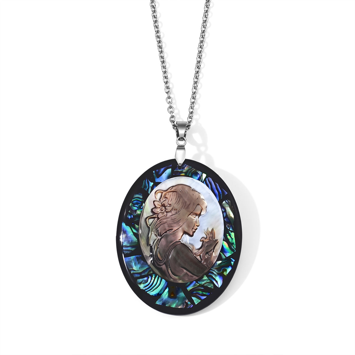 Abalone Shell &amp; Cameo Pendant Cum Brooch with Chain (Size 20) 50.00 Ct. 4505162 0