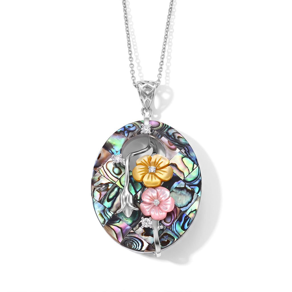 Abalone Shell, Pink Shell Pearl, Yellow Shell Pearl & Crystal Pendant Cum Brooch with Chain (Size 20) 31.00 Ct._4505165