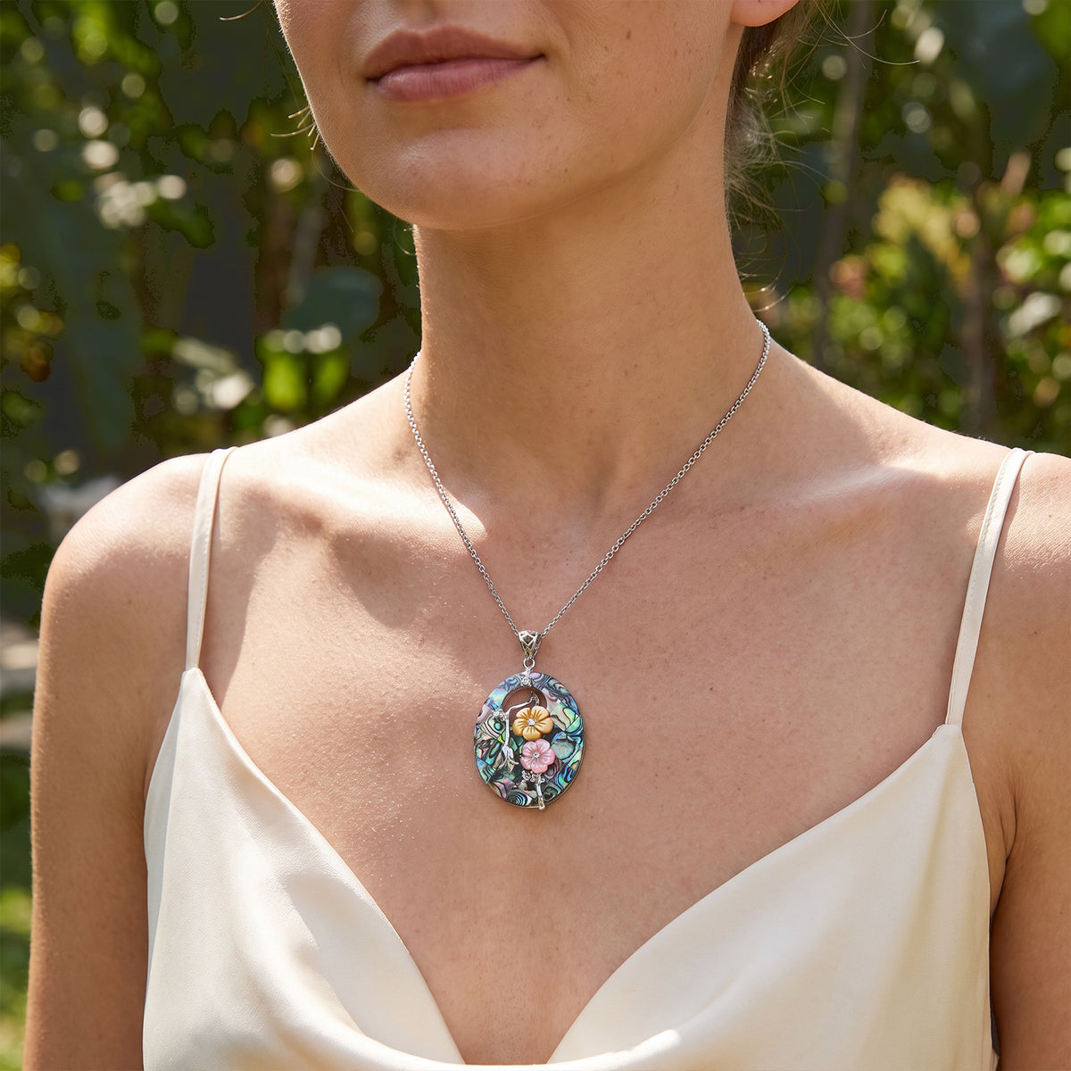Abalone Shell, Pink Shell Pearl, Yellow Shell Pearl &amp; Crystal Pendant Cum Brooch with Chain (Size 20) 31.00 Ct. 4505165 2