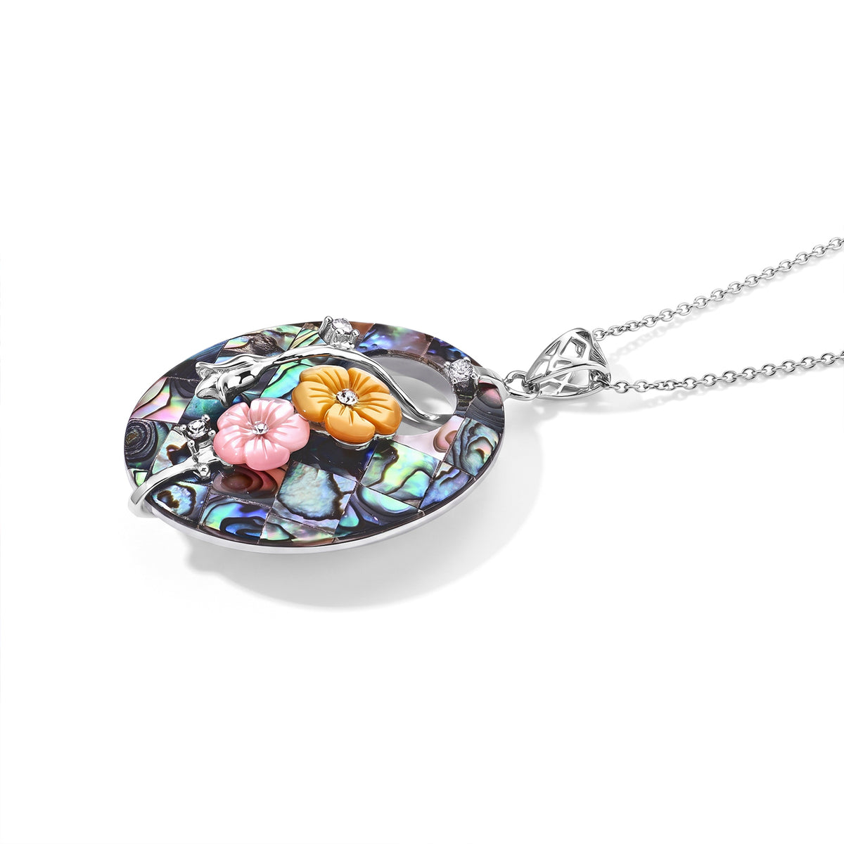 Abalone Shell, Pink Shell Pearl, Yellow Shell Pearl &amp; Crystal Pendant Cum Brooch with Chain (Size 20) 31.00 Ct. 4505165 3
