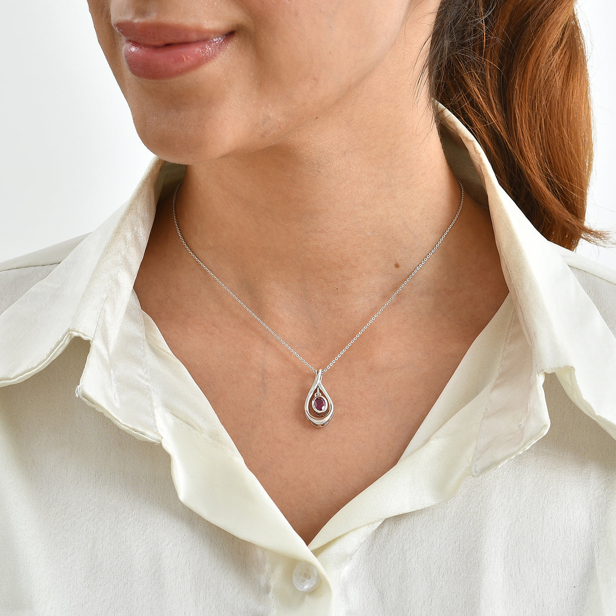 Lucy Q - African Ruby Solitaire Pendant with Chain (Size 20) in Platinum Overlay Sterling Silver V32534852 2