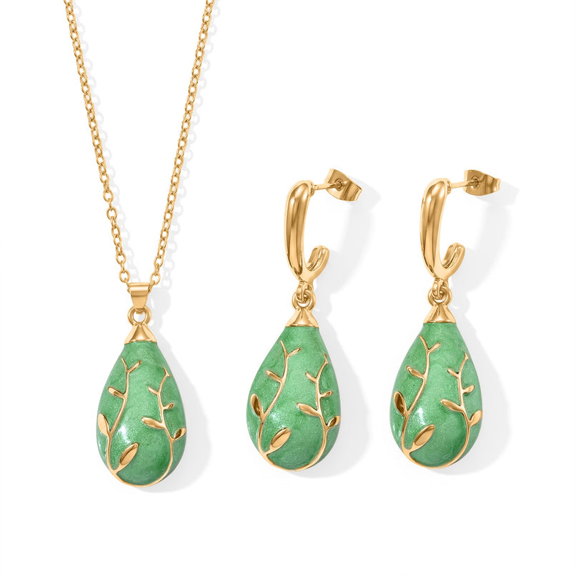 Set of 2 - Leaf Vine Enameled Earring with Push Post & Pendant with Chain (Size 16+2 Ext) in Yellow Gold Tone_4505305