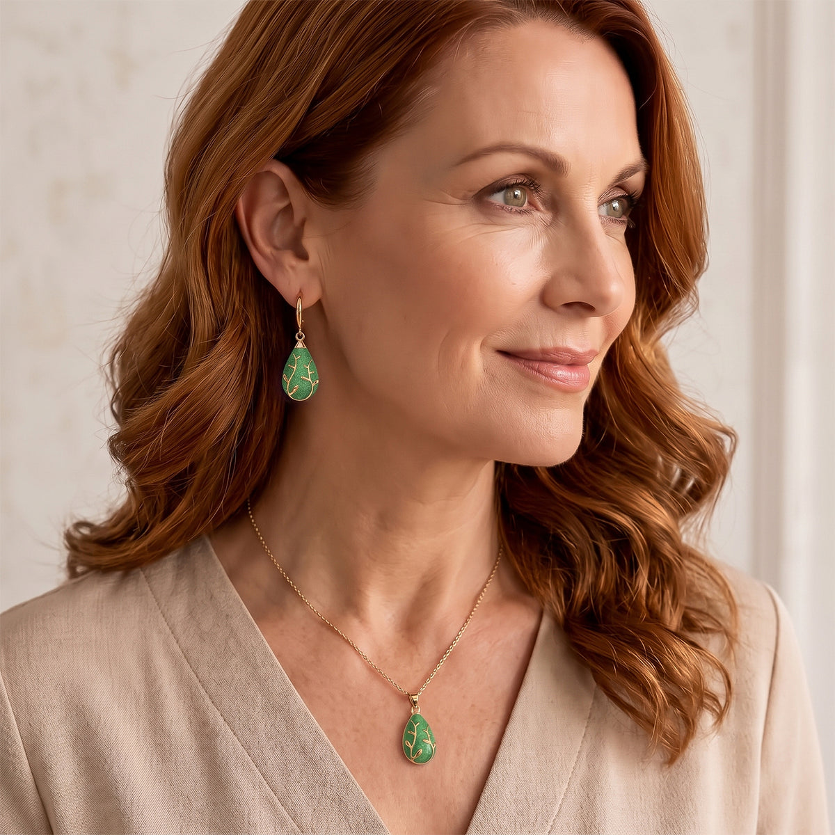 Set of 2 - Leaf Vine Enameled Earring with Push Post &amp; Pendant with Chain (Size 16+2 Ext) V32757428 3