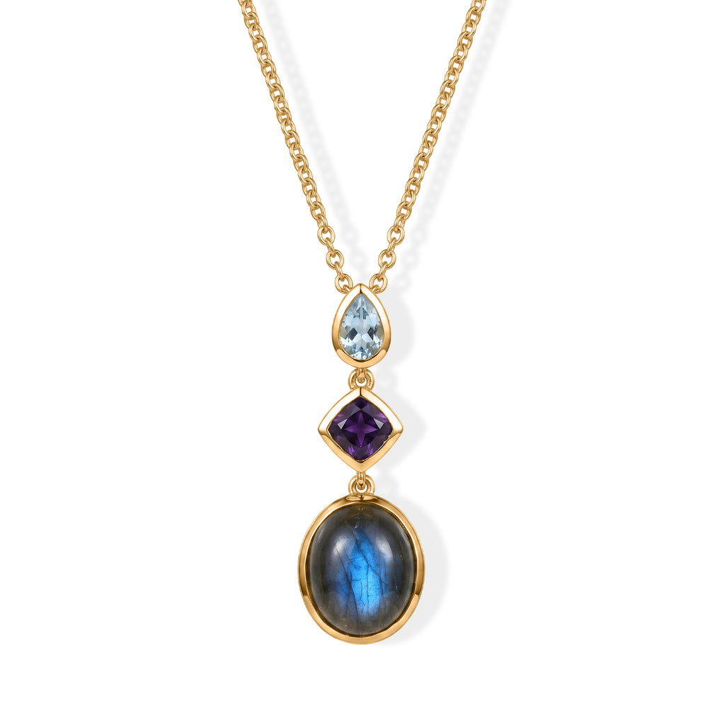 EverTrue - Labradorite, African Amethyst & Skyblue Topaz Trilogy Drop Pendant with Chain (Size 20) in Yellow Gold Tone 6.63 Ct._4505346