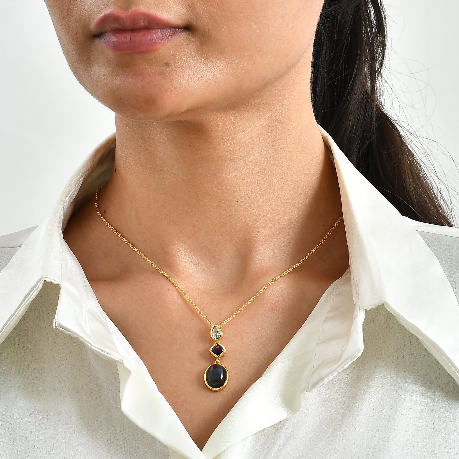 EverTrue - Labradorite, African Amethyst &amp; Skyblue Topaz Trilogy Drop Pendant with Chain (Size 20) in Yellow Gold Tone 6.63 Ct. V32529834 2