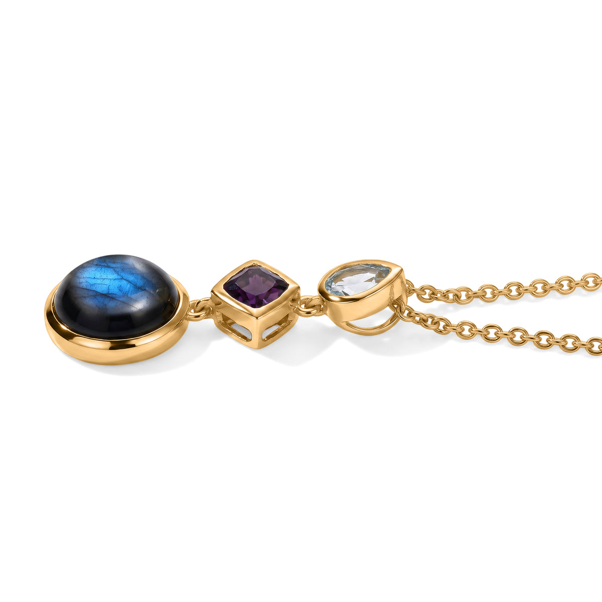 EverTrue - Labradorite, African Amethyst &amp; Skyblue Topaz Trilogy Drop Pendant with Chain (Size 20) in Yellow Gold Tone 6.63 Ct. V32529834 4