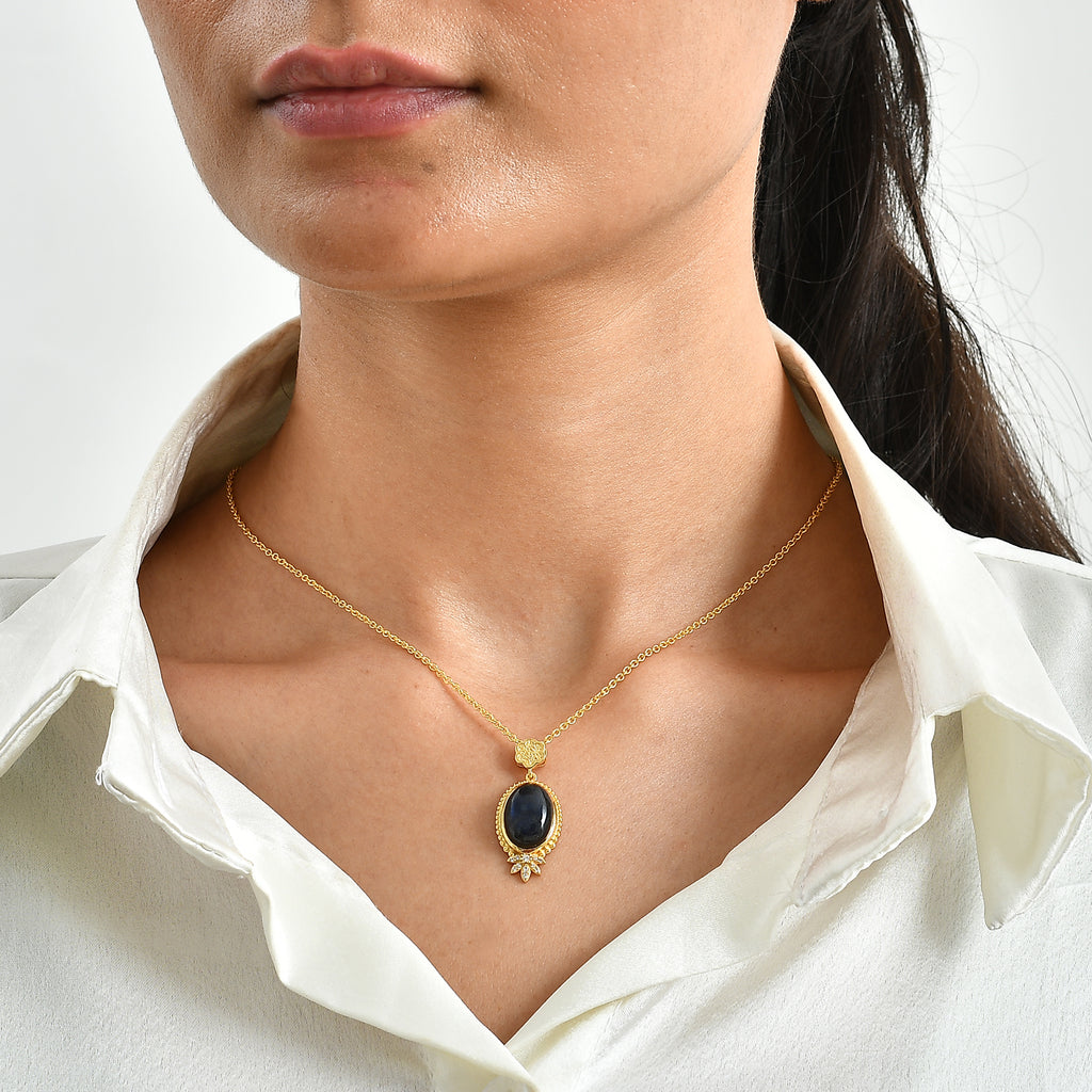 EverTrue - Labradorite & White Zircon Pendant with Chain (Size 20) in Yellow Gold Tone 6.70 Ct._4505349_1