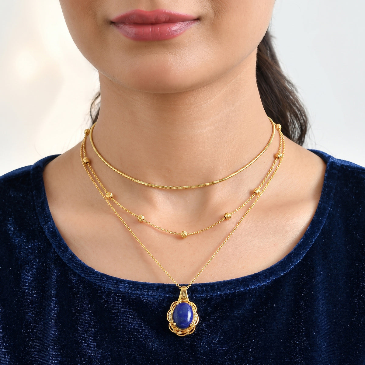 EverTrue - Lapis Lazuli &amp; White Zircon Pendant with Chain (Size 20) in Yellow Gold Tone 10.40 Ct. V32565330 3