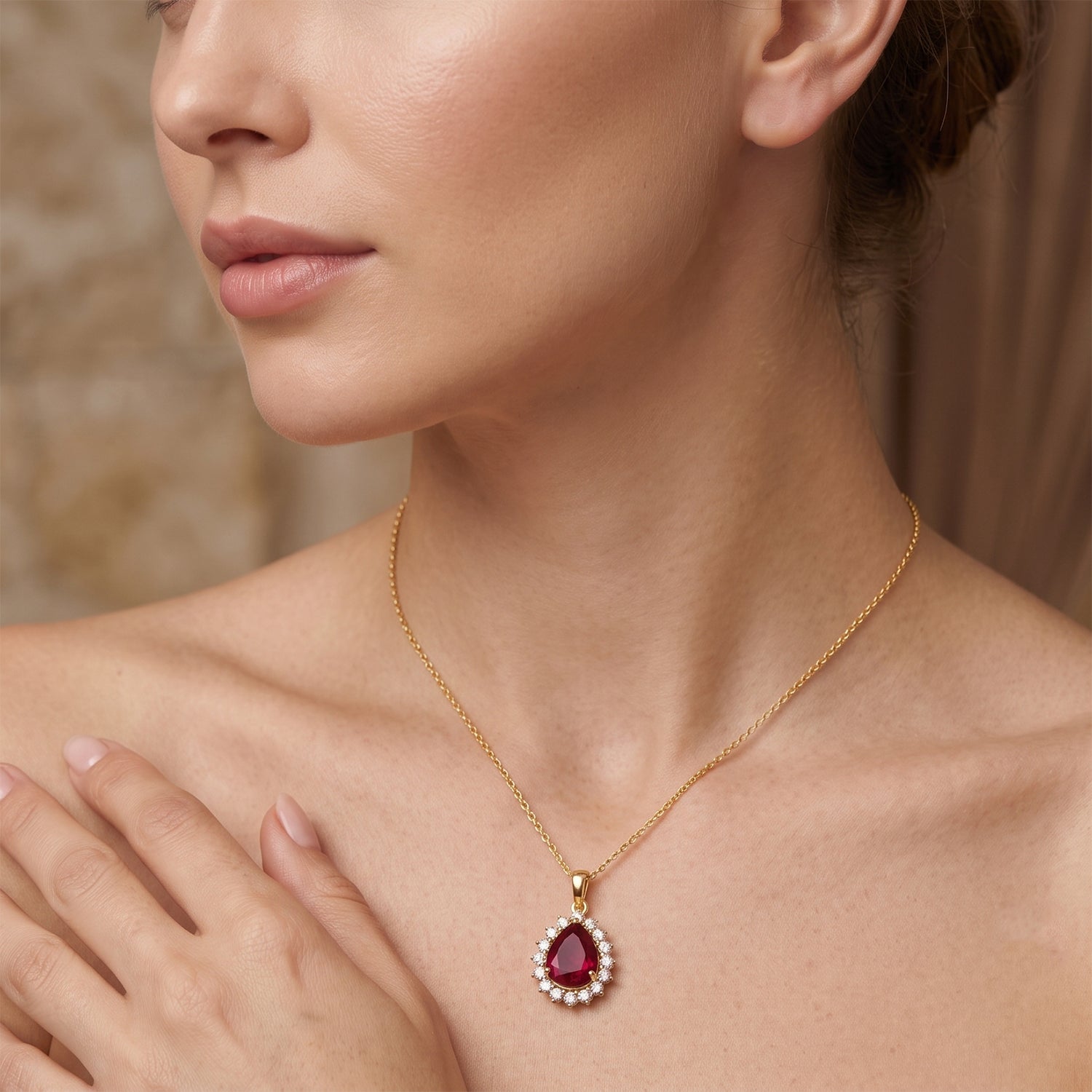 AAA African Ruby (5.50 Cts) &amp; Luxuriant Lab Grown Diamond (SI-GH 1.00 Cts) Halo Pendant with Chain (Size 20) in 18K Vermeil Yellow Gold Plated Sterling Silver 6.50 Ct. 4505395 1