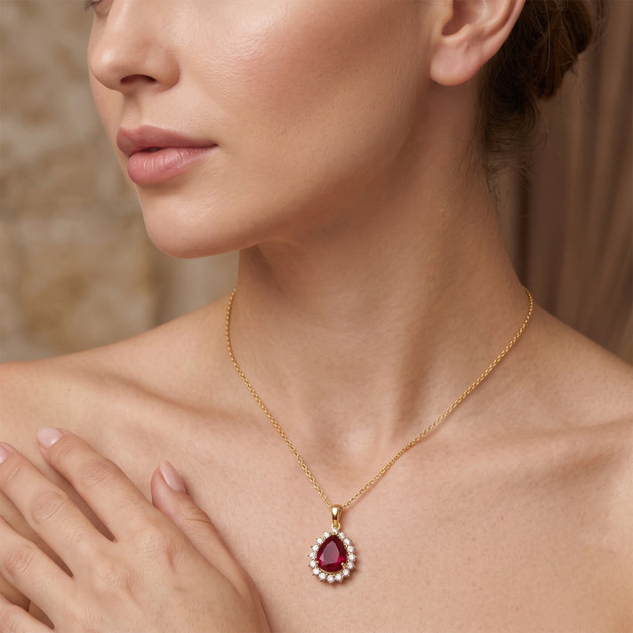 AAA African Ruby (5.50 Cts) &amp; Luxuriant Lab Grown Diamond (SI-GH 1.00 Cts) Halo Pendant with Chain (Size 20) in 18K Vermeil Yellow Gold Plated Sterling Silver 6.50 Ct. 4505395 2