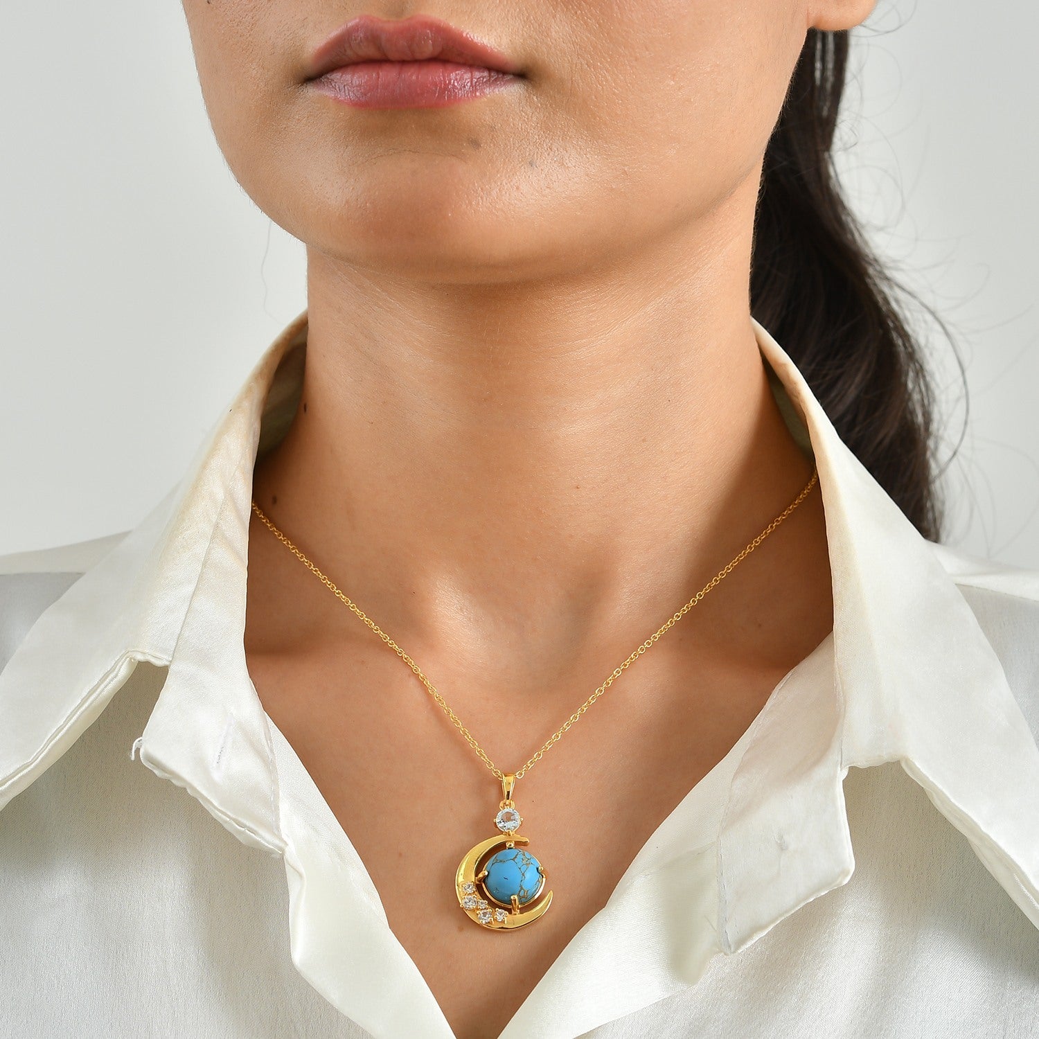 EverTrue - Blue Turquoise, Skyblue Topaz &amp; White Zircon Crescent Moon Pendant with Chain (Size 20) in Yellow Gold Tone 7.30 Ct. 4505807 2