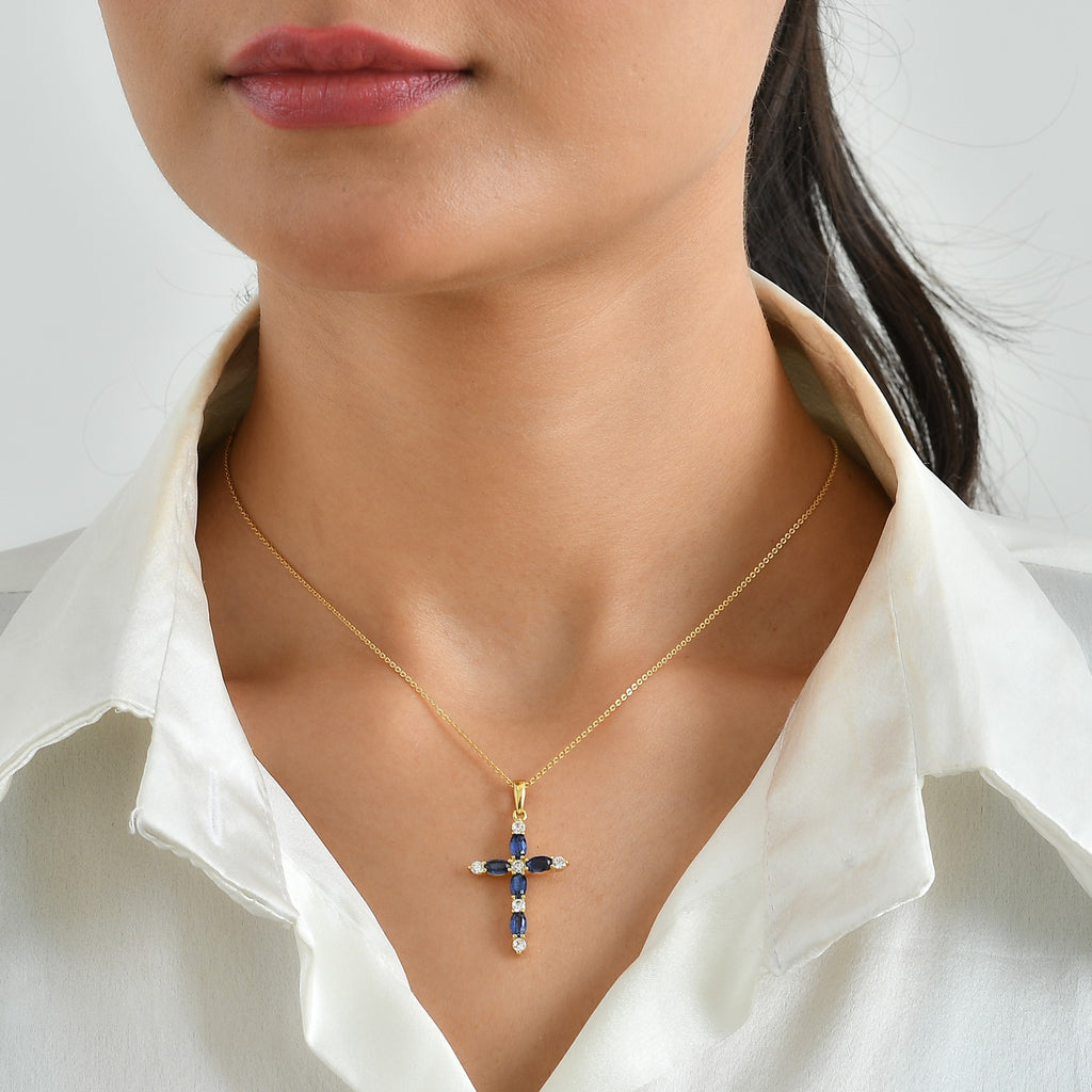 D'Joy - Kyanite & White Zircon Cross Pendant with Chain (Size 20) in Yellow Gold Plated Sterling Silver 2.25 Ct._4506366_1