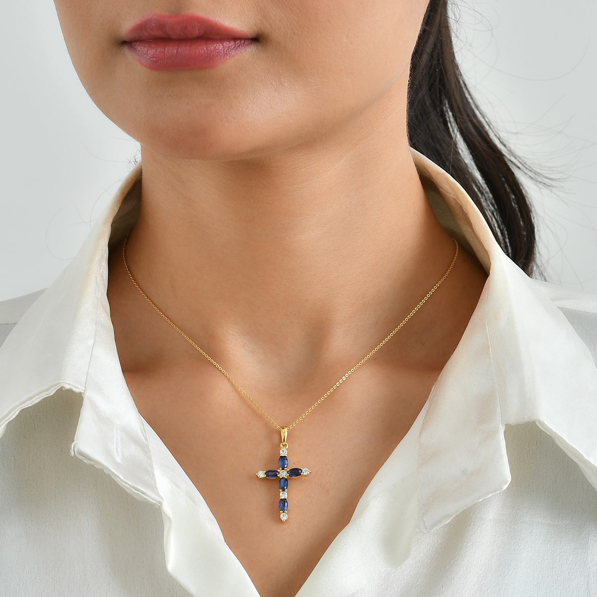 D'Joy - AAA Natural Kashmir Kyanite &amp; White Zircon Cross Pendant with Chain (Size 20) in Yellow Gold Plated Sterling Silver 2.25 Ct. V32575840 2