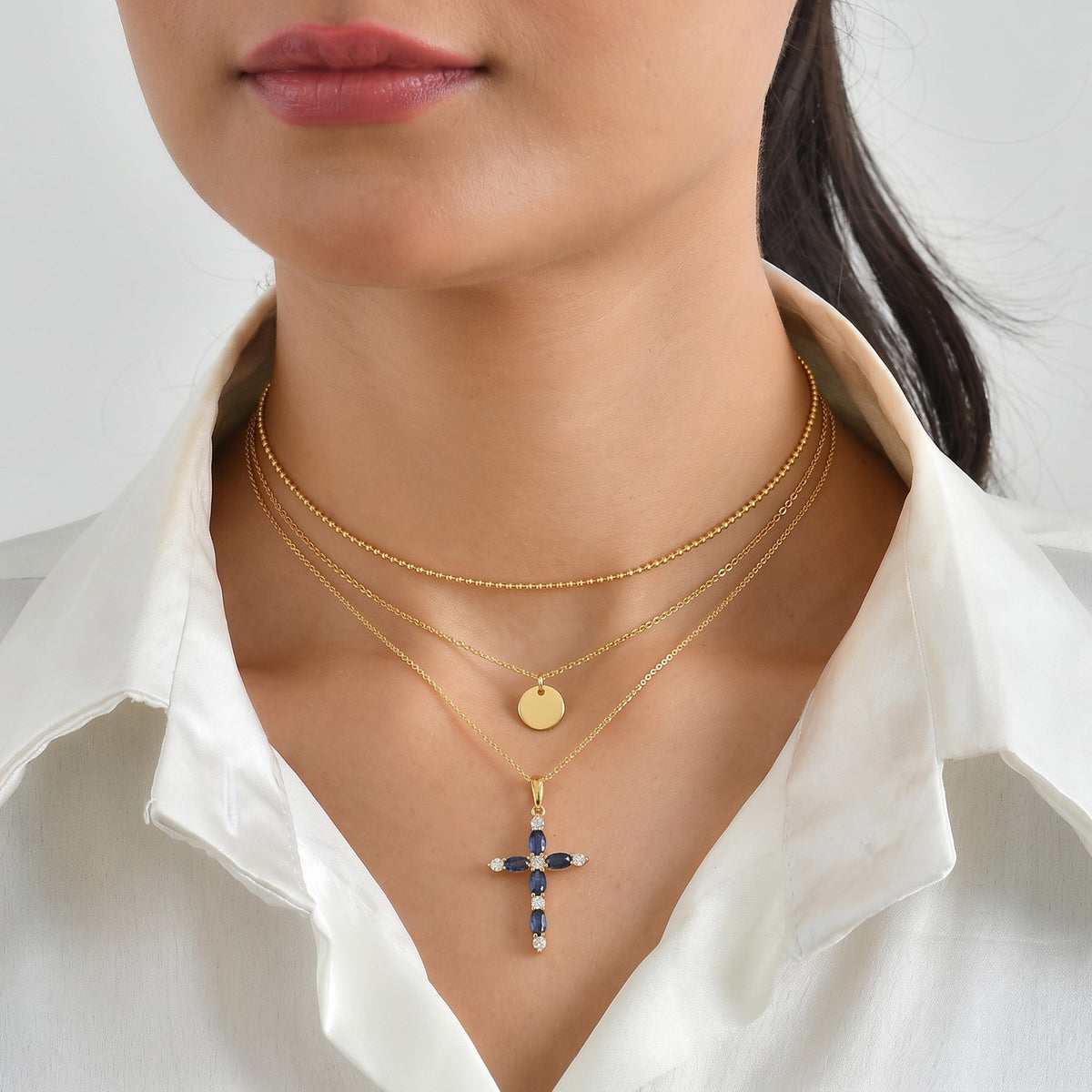 D'Joy - AAA Natural Kashmir Kyanite &amp; White Zircon Cross Pendant with Chain (Size 20) in Yellow Gold Plated Sterling Silver 2.25 Ct. V32575840 3