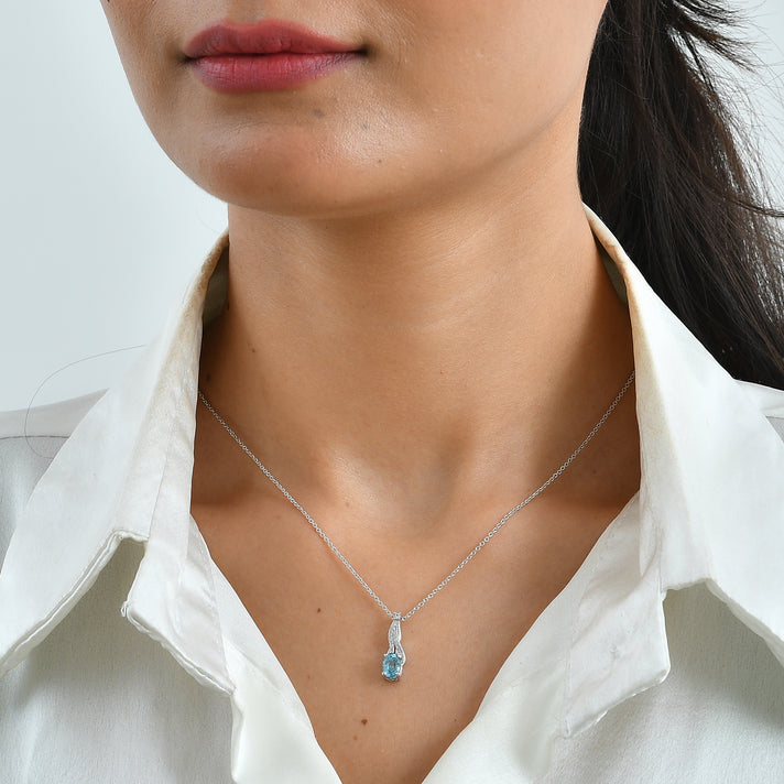 D'Joy - AAA RatanakirI Blue Zircon &amp; White Zircon Ribbon Drop Pendant with Chain (Size 20) in Rhodium Overlay Sterling Silver 1.55 Ct. 4506849 2