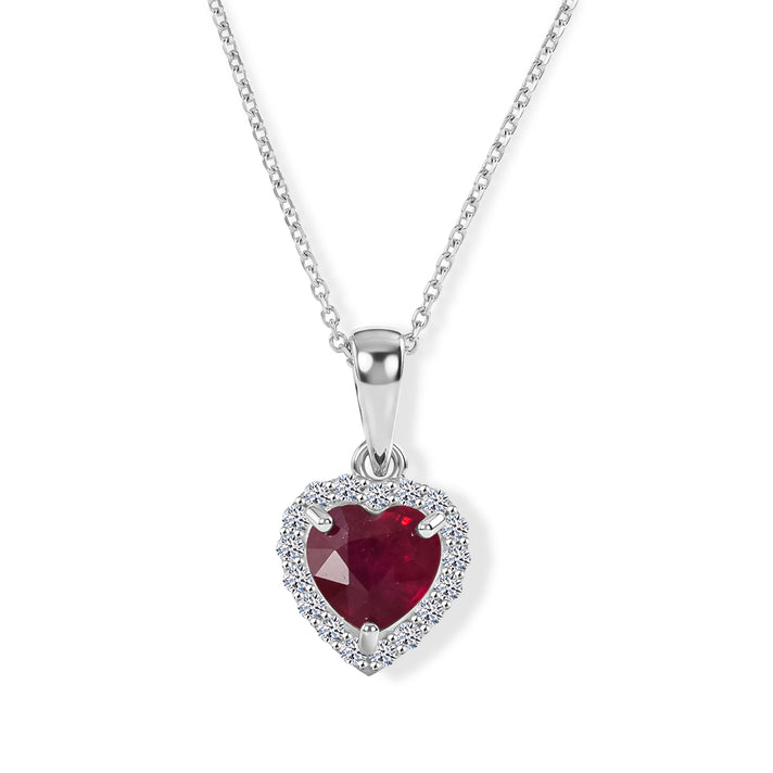 Premium African Ruby &amp; Luxuriant Lab Grown Diamond Halo Heart Pendant with Chain (Size 18) in Rhodium Overlay Sterling Silver 2.18 Ct. 4506868 1