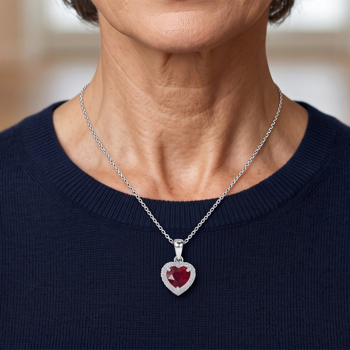 Premium African Ruby &amp; Luxuriant Lab Grown Diamond Halo Heart Pendant with Chain (Size 18) in Rhodium Overlay Sterling Silver 2.18 Ct. 4506868 2