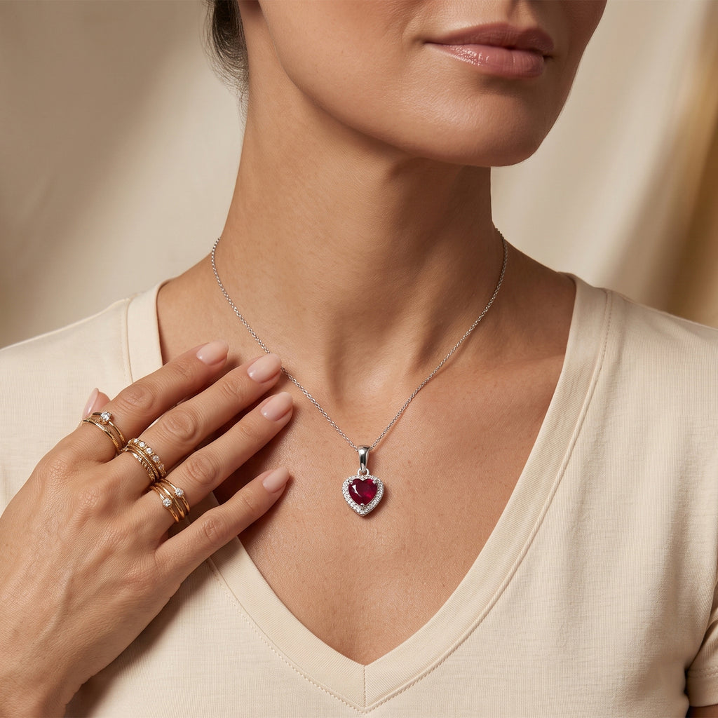 Fissure Filled Ruby & Lab Grown Diamond Halo Heart Pendant with Chain (Size 18) in Rhodium Overlay Sterling Silver 2.18 Ct._4506868_2