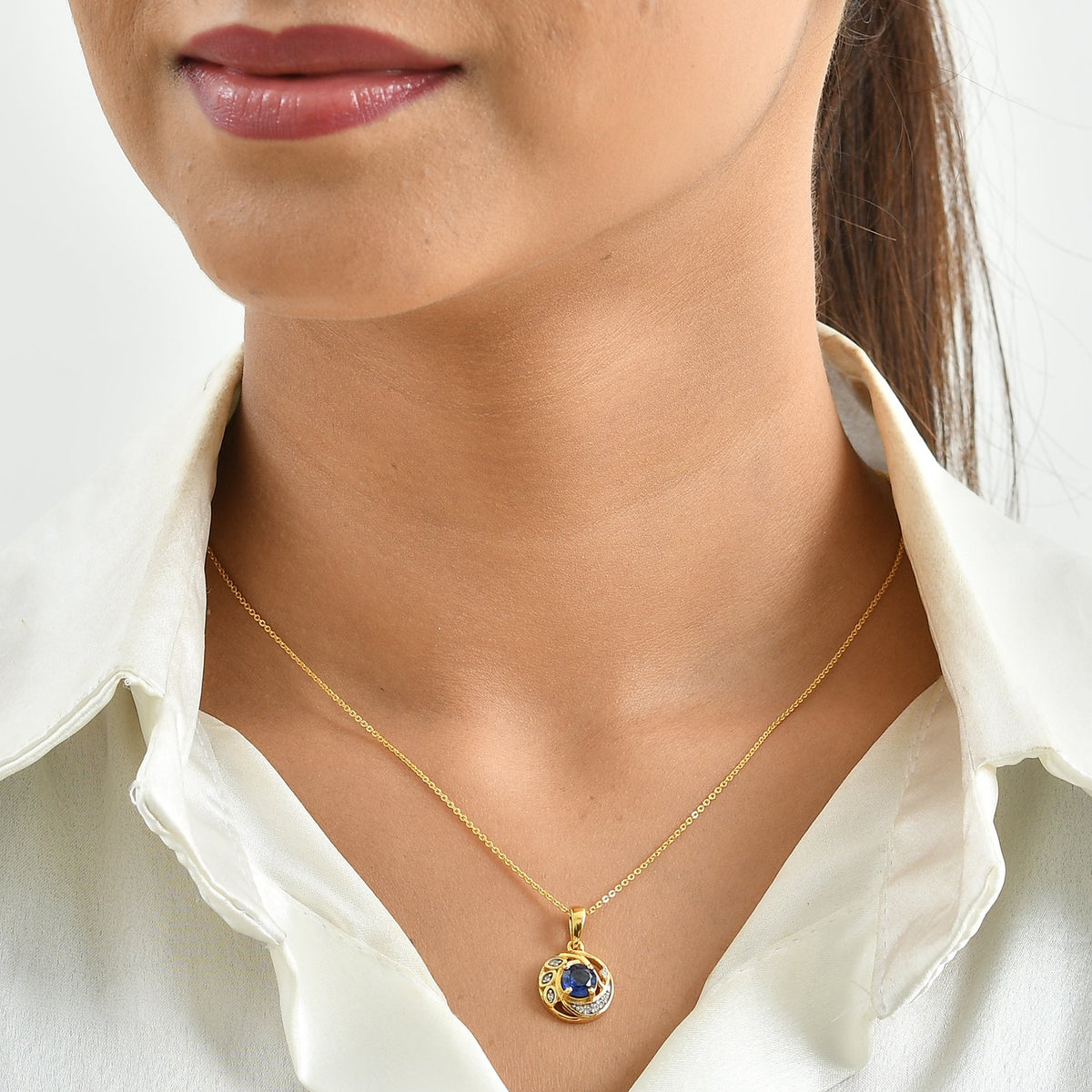 D'Joy - AAA Natural Kashmir Kyanite &amp; White Zircon Pendant with Chain (Size 20) in Yellow Gold Plated Sterling Silver 1.30 Ct. V32575842 2