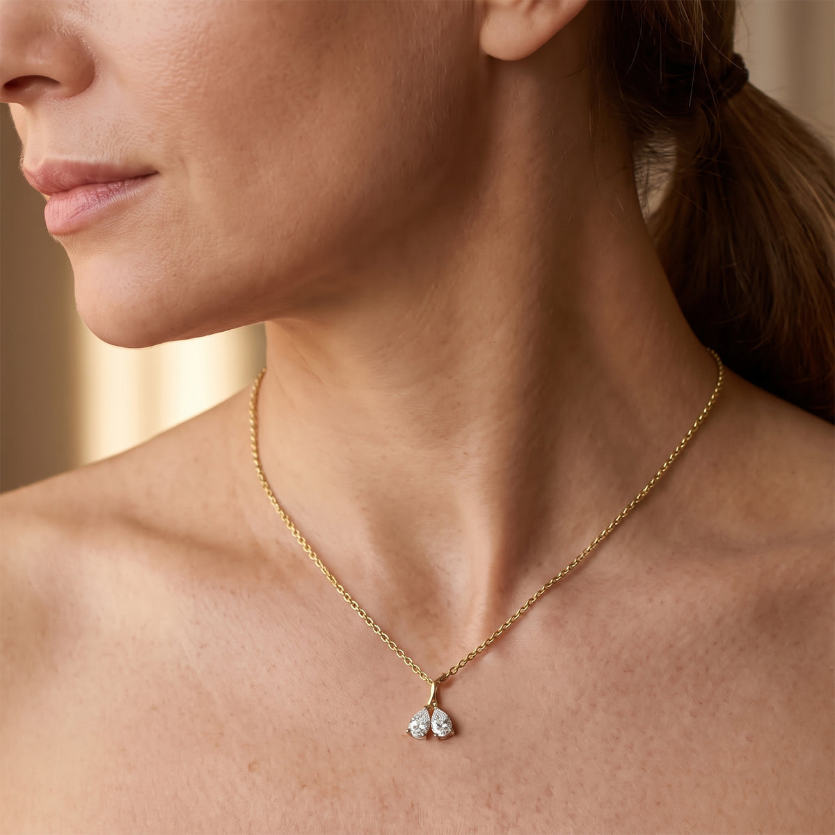 D'Joy - Moissanite Twin Pear Pendant with Chain (Size 18) in Yellow Gold Plated Sterling Silver 1.50 Ct. V32698606 2