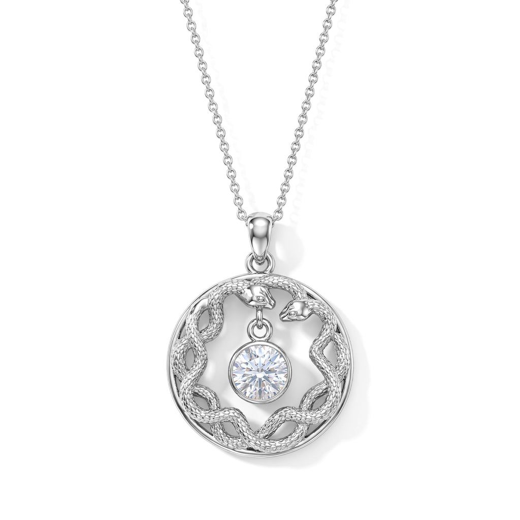 D'Joy - Moissanite Twin Serpent Pendant with Chain (Size 18) in Rhodium Overlay Sterling Silver_4506968