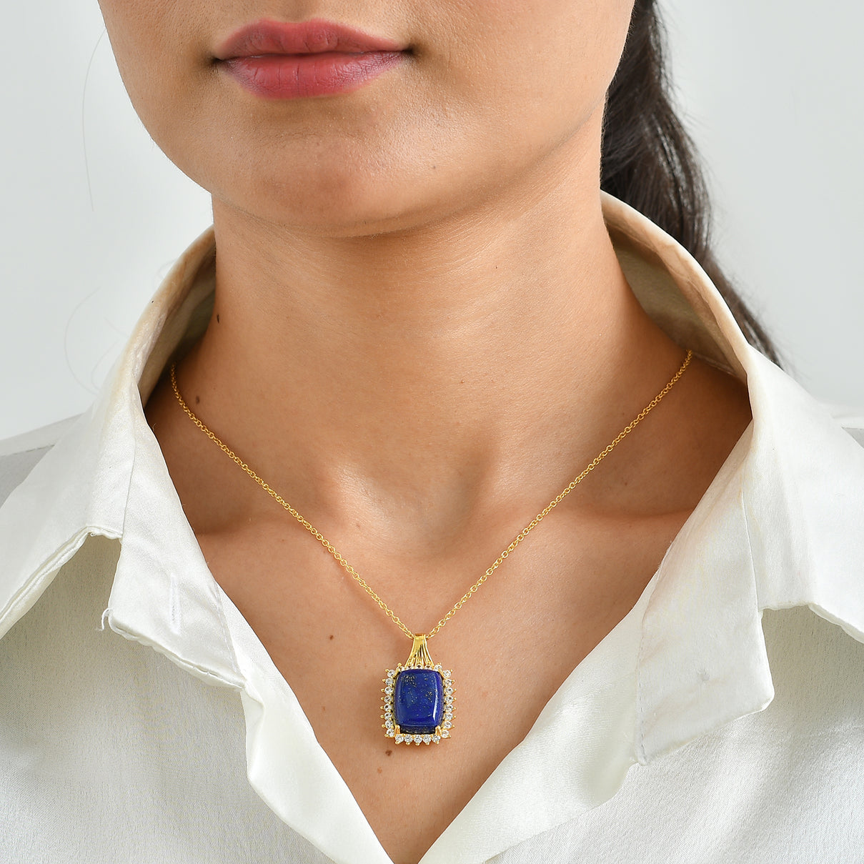 EverTrue - Lapis Lazuli &amp; White Zircon Pendant with Chain (Size 20) in Yellow Gold Tone 13.10 Ct. V32491940 2