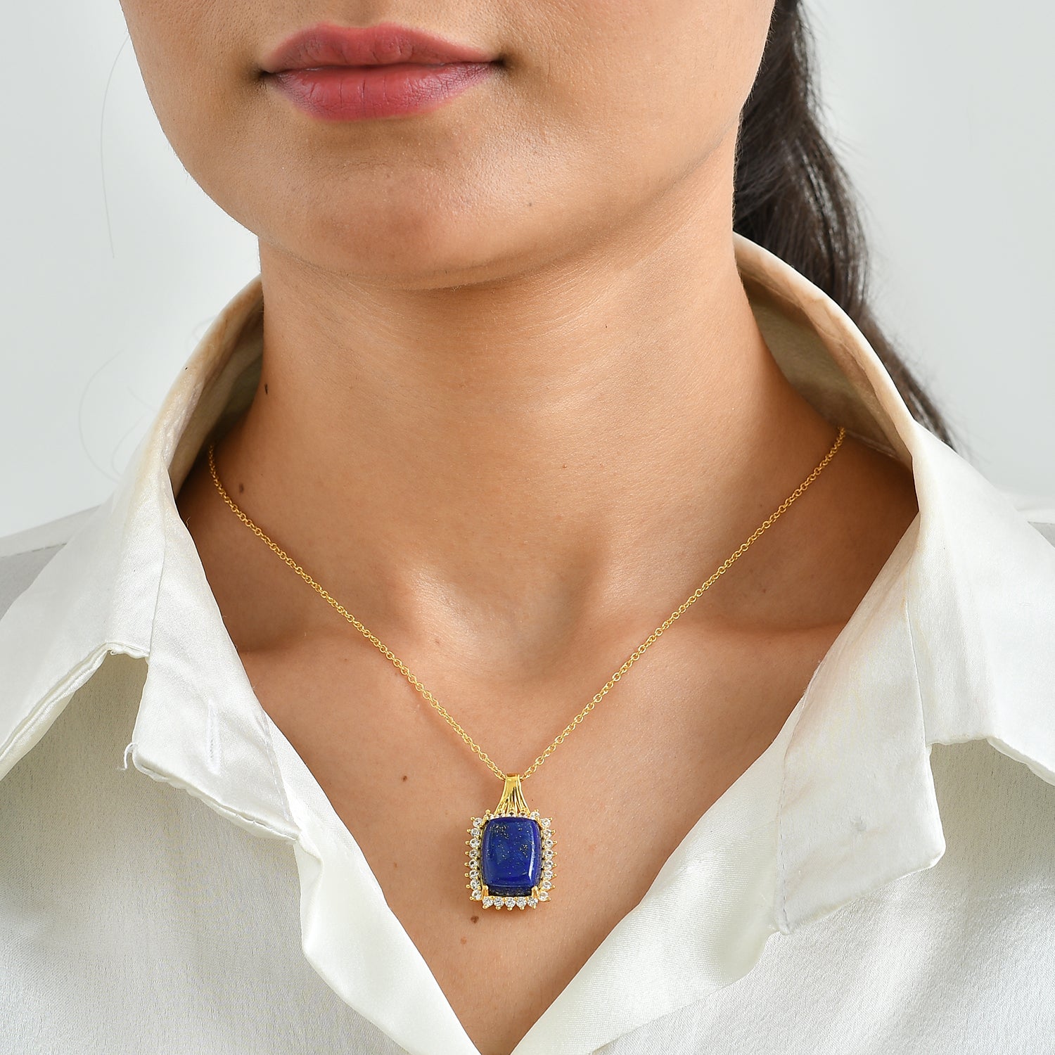 EverTrue - Lapis Lazuli &amp; White Zircon Pendant with Chain (Size 20) in Yellow Gold Tone 13.10 Ct. V32491940 2