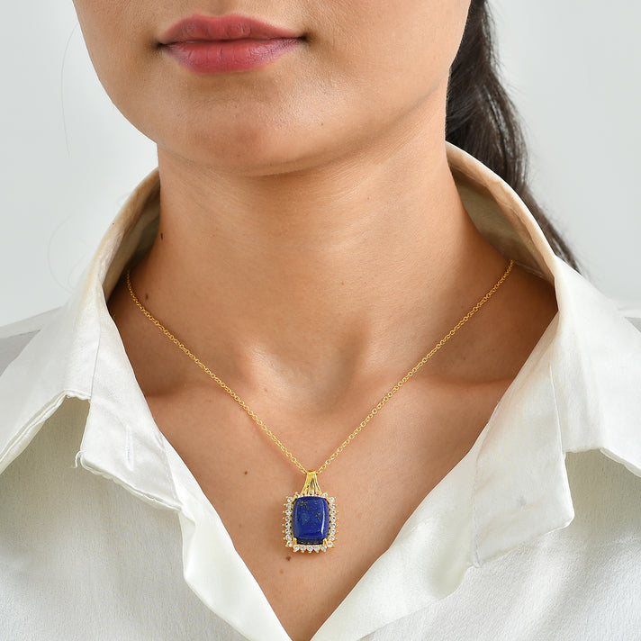 EverTrue - Lapis Lazuli &amp; White Zircon Pendant with Chain (Size 20) in Yellow Gold Tone 13.10 Ct. 4507320 2