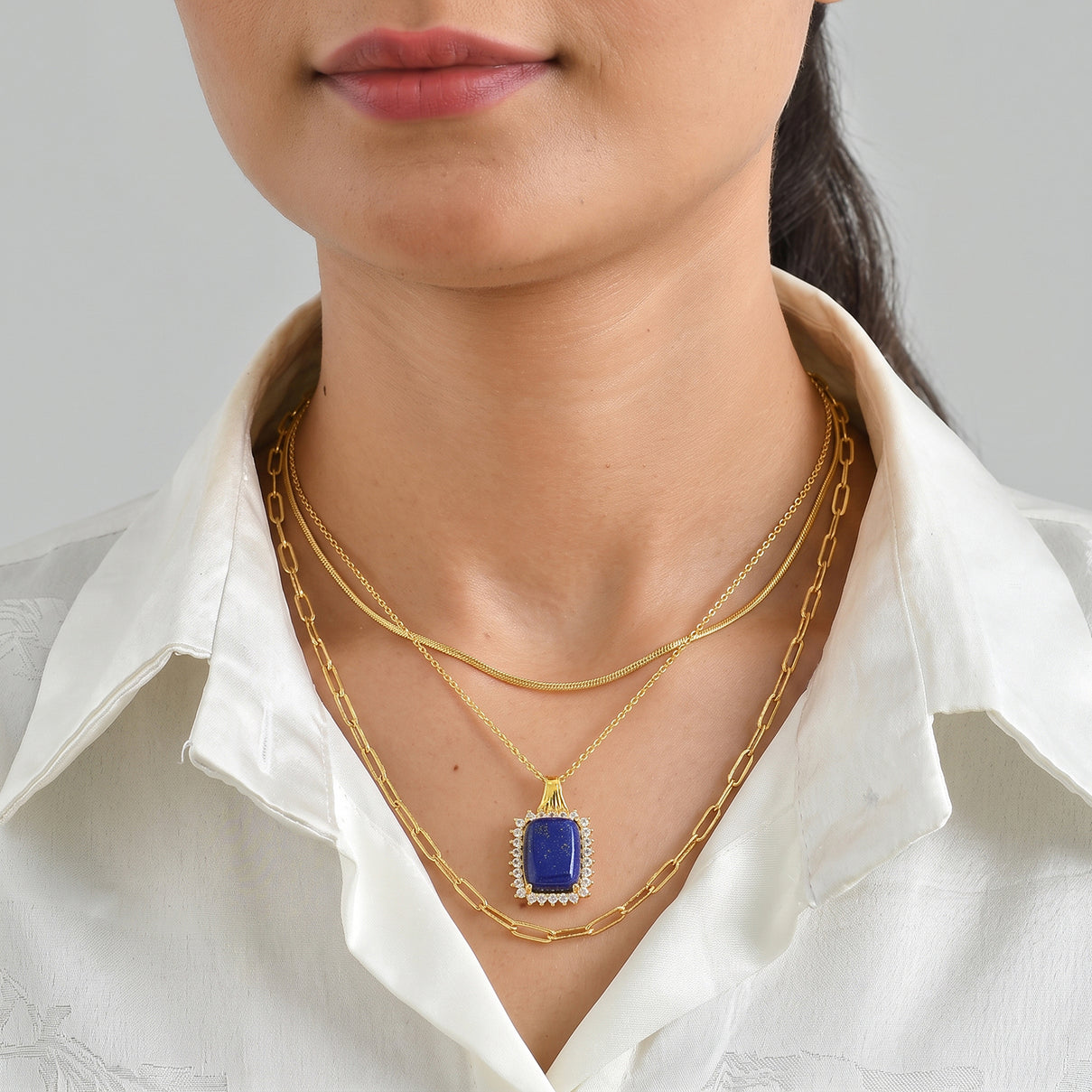 EverTrue - Lapis Lazuli &amp; White Zircon Pendant with Chain (Size 20) in Yellow Gold Tone 13.10 Ct. V32491940 3