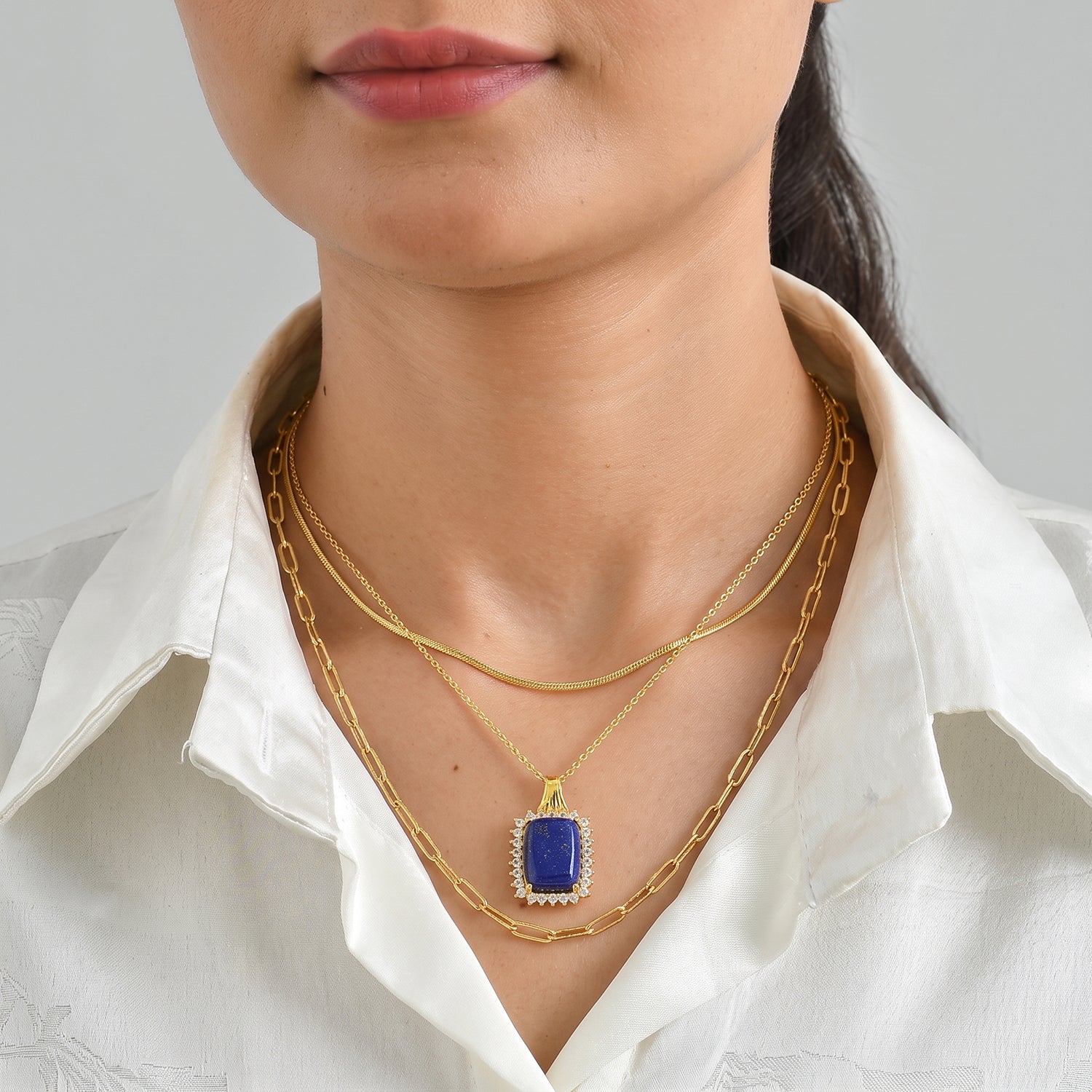 EverTrue - Lapis Lazuli &amp; White Zircon Pendant with Chain (Size 20) in Yellow Gold Tone 13.10 Ct. V32491940 3