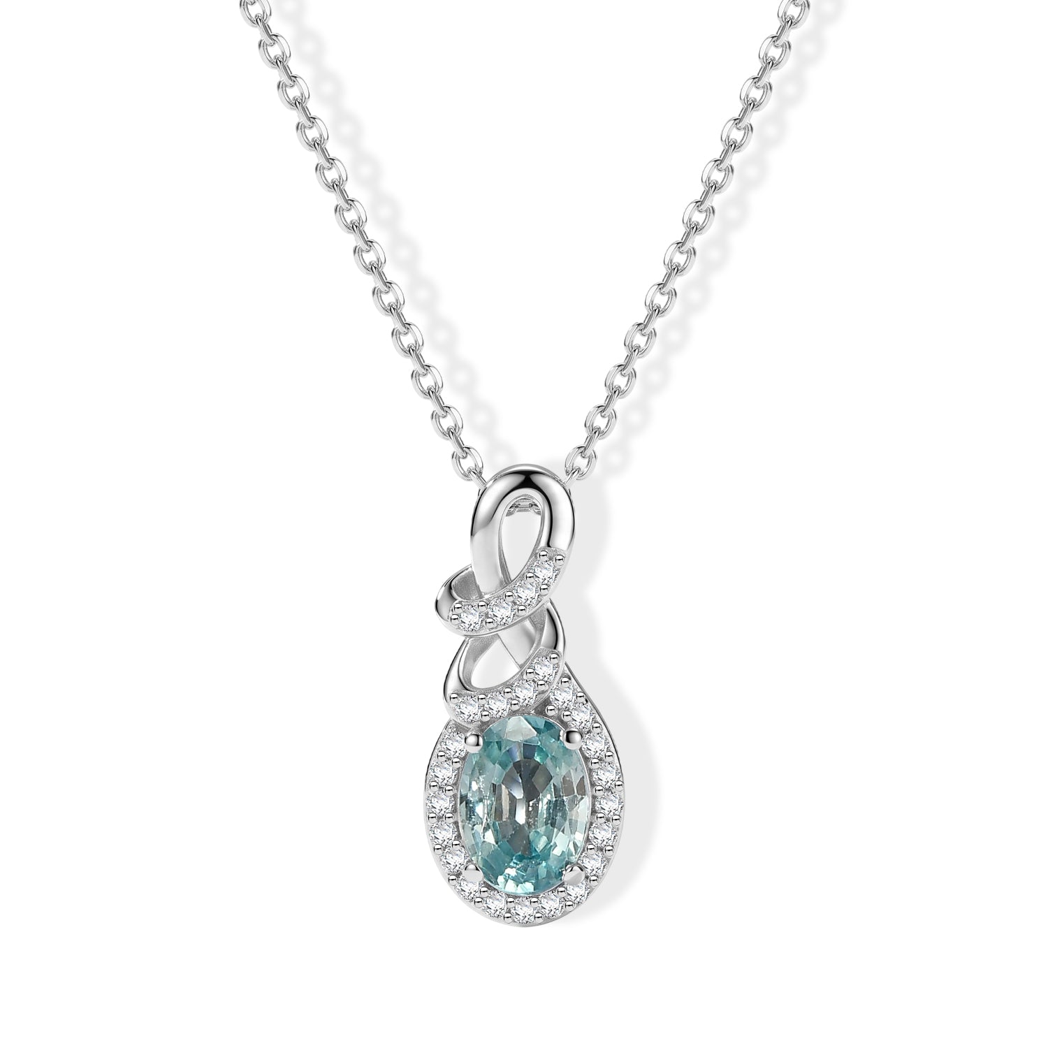 D'Joy - AAA Ratanakiri Blue Zircon &amp; White Zircon Infinity Halo Drop Pendant with Chain (Size 20) in Rhodium Overlay Sterling Silver 1.50 Ct. 4507335 0