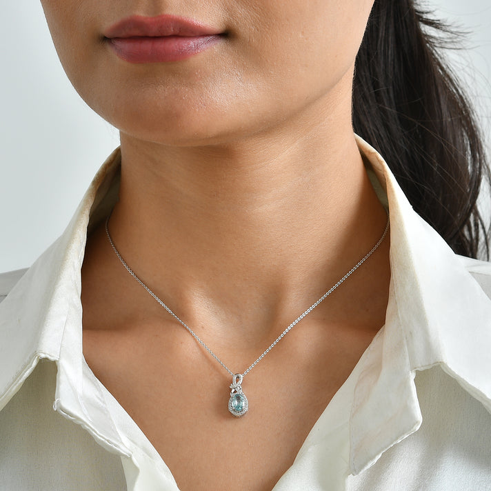 D'Joy - AAA Ratanakiri Blue Zircon &amp; White Zircon Infinity Halo Drop Pendant with Chain (Size 20) in Rhodium Overlay Sterling Silver 1.50 Ct. 4507335 2