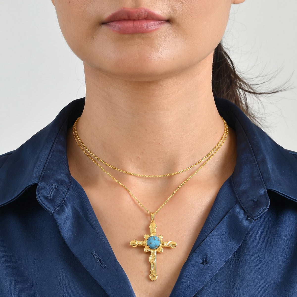 EverTrue - Mohave Blue Turquoise Cross Pendant with Chain (Size 20) in Yellow Gold Tone 3.90 Ct. 4507382 3