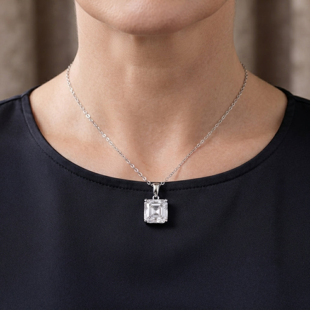 Moissanite Pendant with Chain (Size 18) in Rhodium Overlay Sterling Silver  12.300  Ct._4507528_1