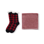 LIVMORE 2-Piece Bamboo Towel & Sherpa Fleece Checked Socks Christmas Gift Set - Red & Black_4507693