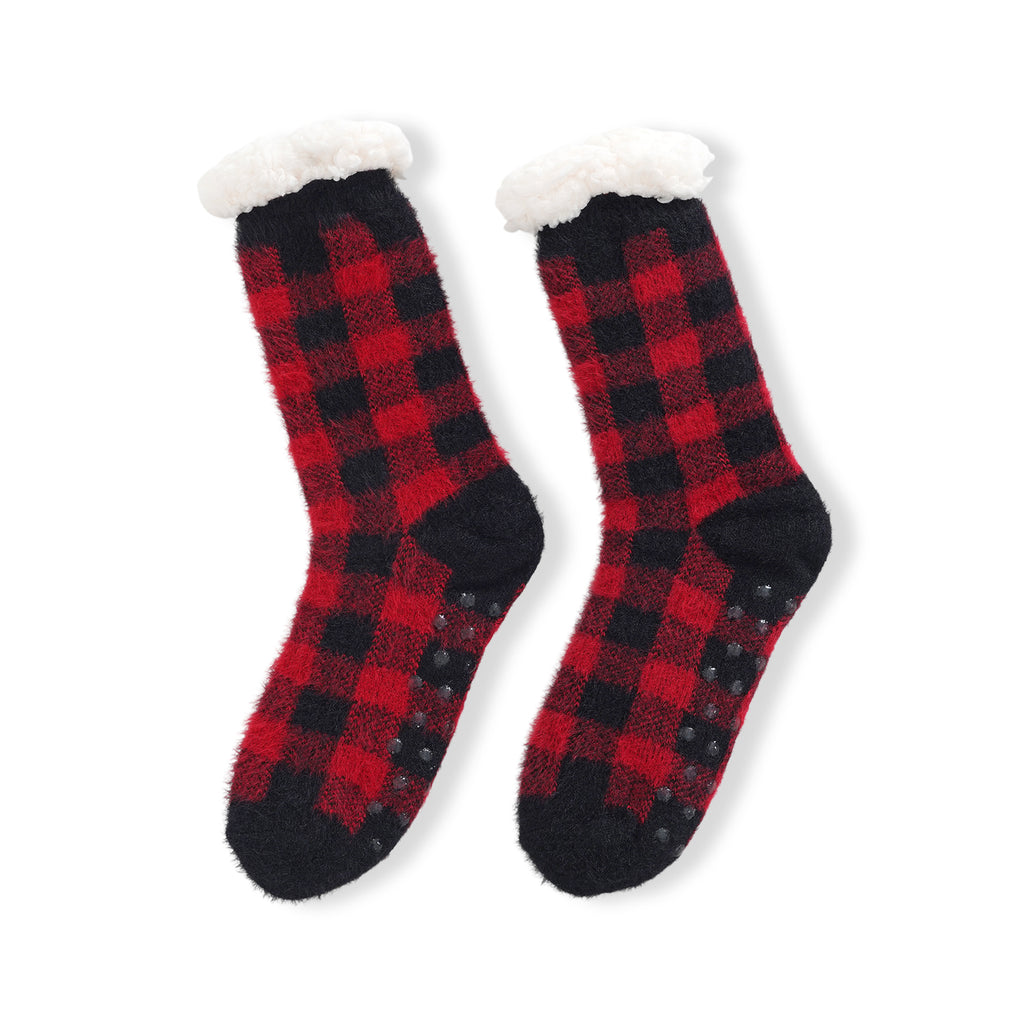 LIVMORE 2-Piece Bamboo Towel & Sherpa Fleece Checked Socks Christmas Gift Set - Red & Black_4507693_1