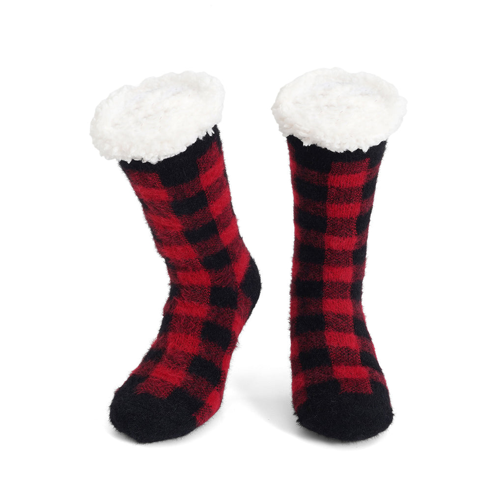 LIVMORE 2-Piece Bamboo Towel & Sherpa Fleece Checked Socks Christmas Gift Set - Red & Black_4507693_2