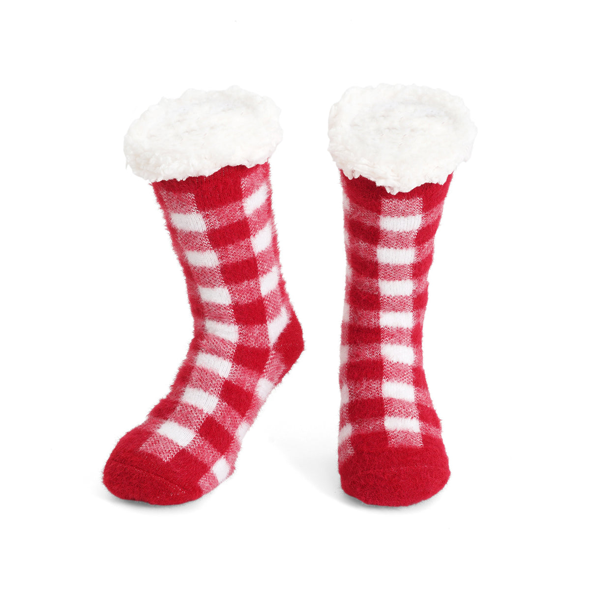 LIVMORE 2-Piece Bamboo Towel &amp; Sherpa Fleece Checked Socks Christmas Gift Set - Red &amp; White 4507710 2