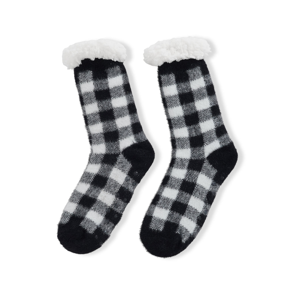 LIVMORE 2-Piece Bamboo Towel & Sherpa Fleece Checked Socks Christmas Gift Set - Green & White_4507715_1